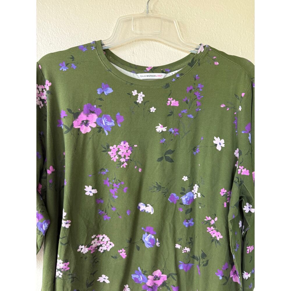 Isaac Mizrahi Live Olive Green Floral 3/4 Sleeve Top 2X Plus Size - Picture 4 of 7